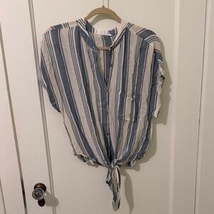 Striped Blue and Cream Tie-Front Button-Up Top, Size S